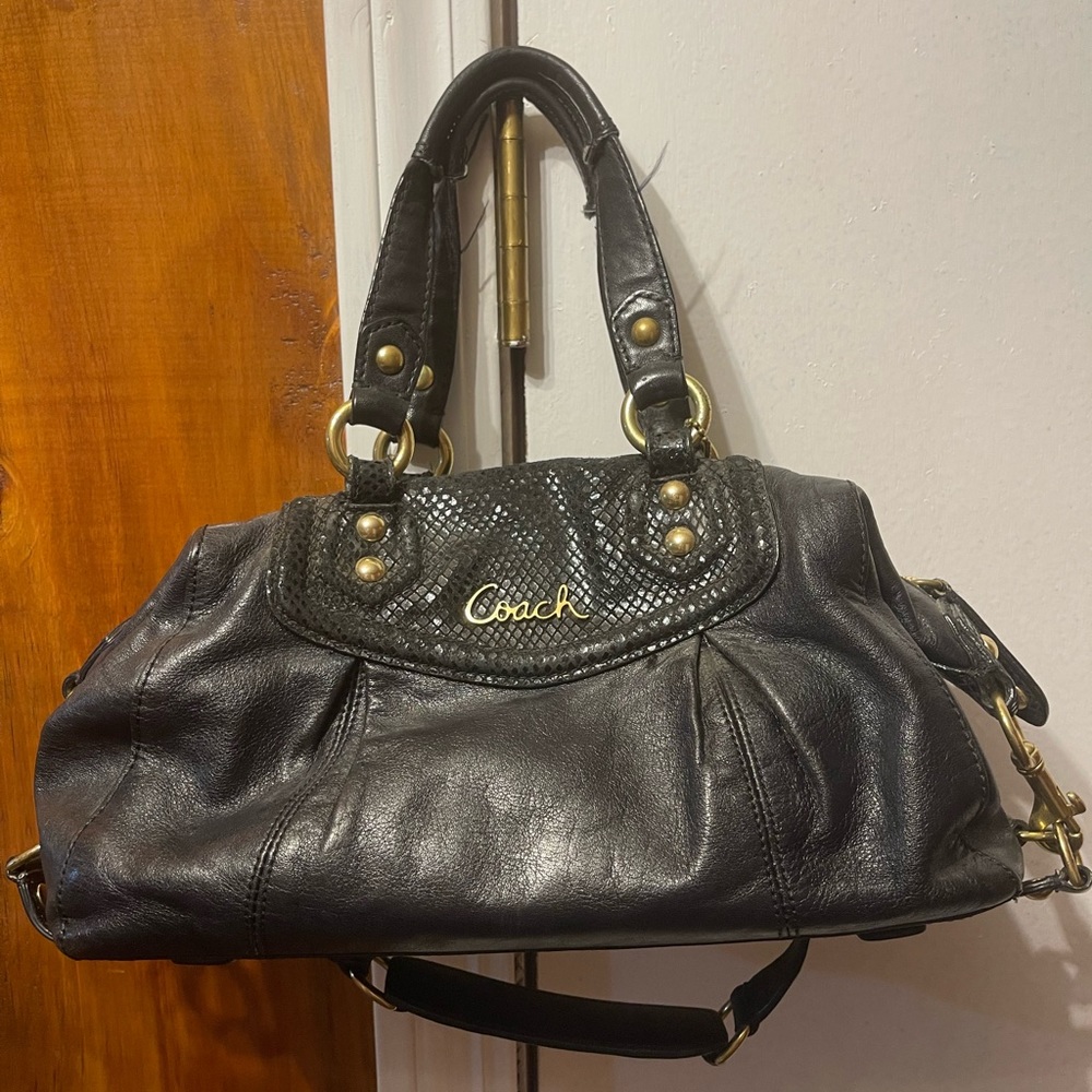 Coach Ashley Black Leather Exotic Python Snakeskin Satchel Shoulder Tote F19247